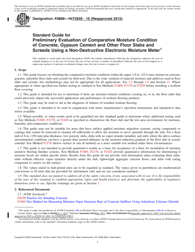 REDLINE ASTM F2659-10(2015) - Standard Guide for Preliminary Evaluation of Comparative Moisture Condition of Concrete, Gypsum Cement and Other Floor Slabs and Screeds Using a Non-Destructive Electronic Moisture Meter