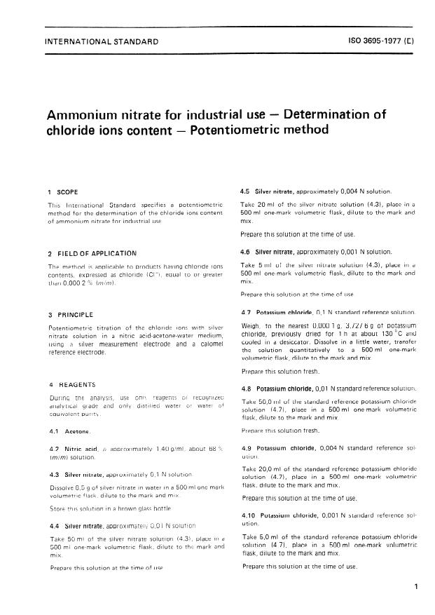 ISO 3695:1977 - Ammonium nitrate for industrial use -- Determination of chloride ions content -- Potentiometric method