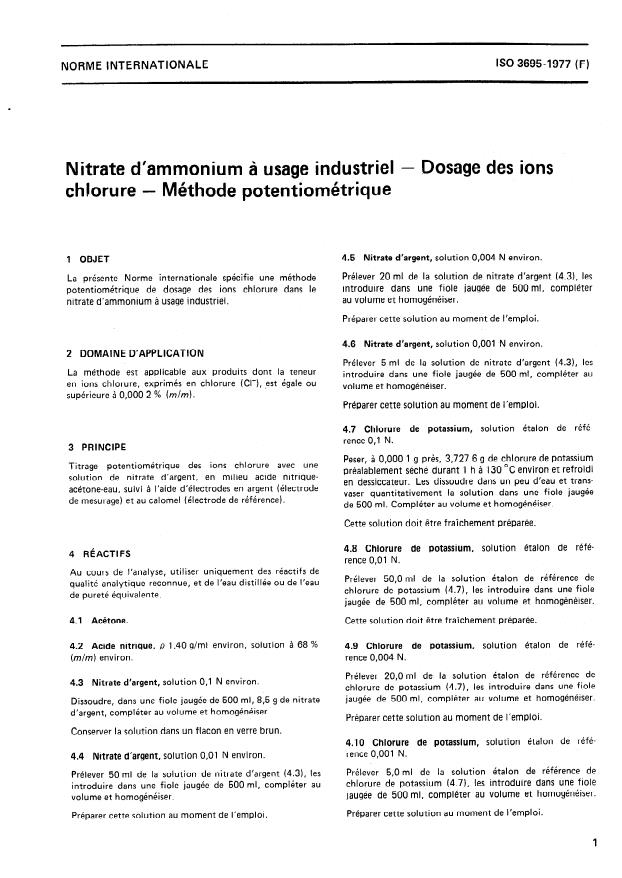 ISO 3695:1977 - Nitrate d'ammonium a usage industriel -- Dosage des ions chlorure -- Méthode potentiométrique