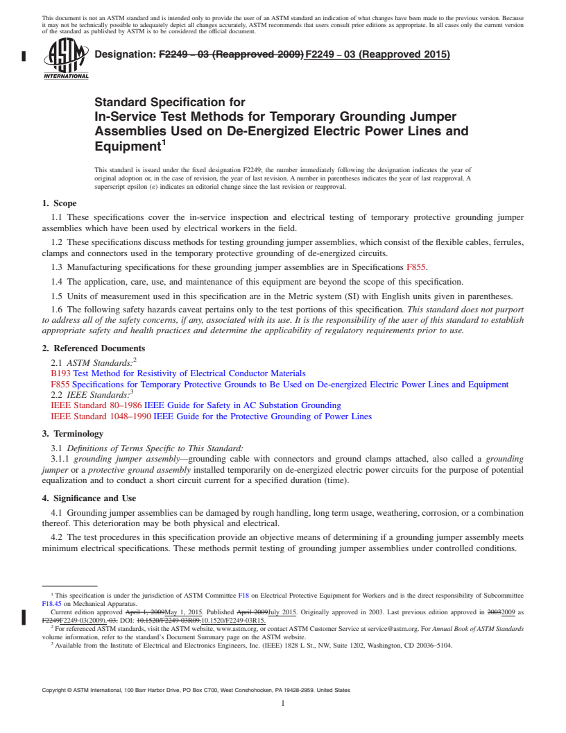 REDLINE ASTM F2249-03(2015) - Standard Specification for In-Service Test Methods for Temporary Grounding Jumper Assemblies Used on De-Energized Electric Power Lines and Equipment