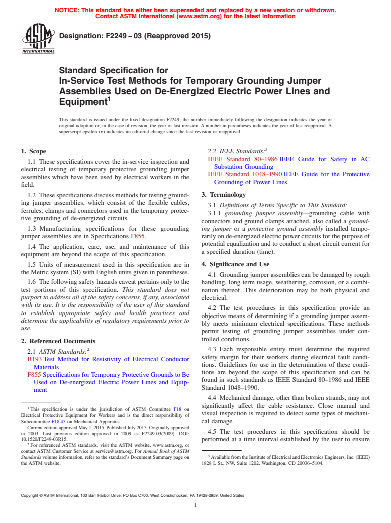 ASTM F2249-03(2015) - Standard Specification for In-Service Test Methods for Temporary Grounding Jumper Assemblies Used on De-Energized Electric Power Lines and Equipment