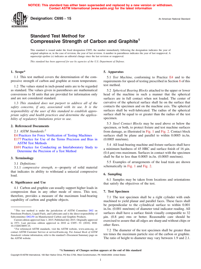 ASTM C695-15 - Standard Test Method for Compressive Strength of Carbon and Graphite