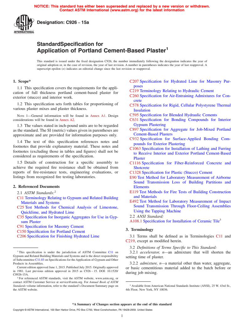 ASTM C926-15a - Standard Specification for Application of Portland Cement-Based Plaster