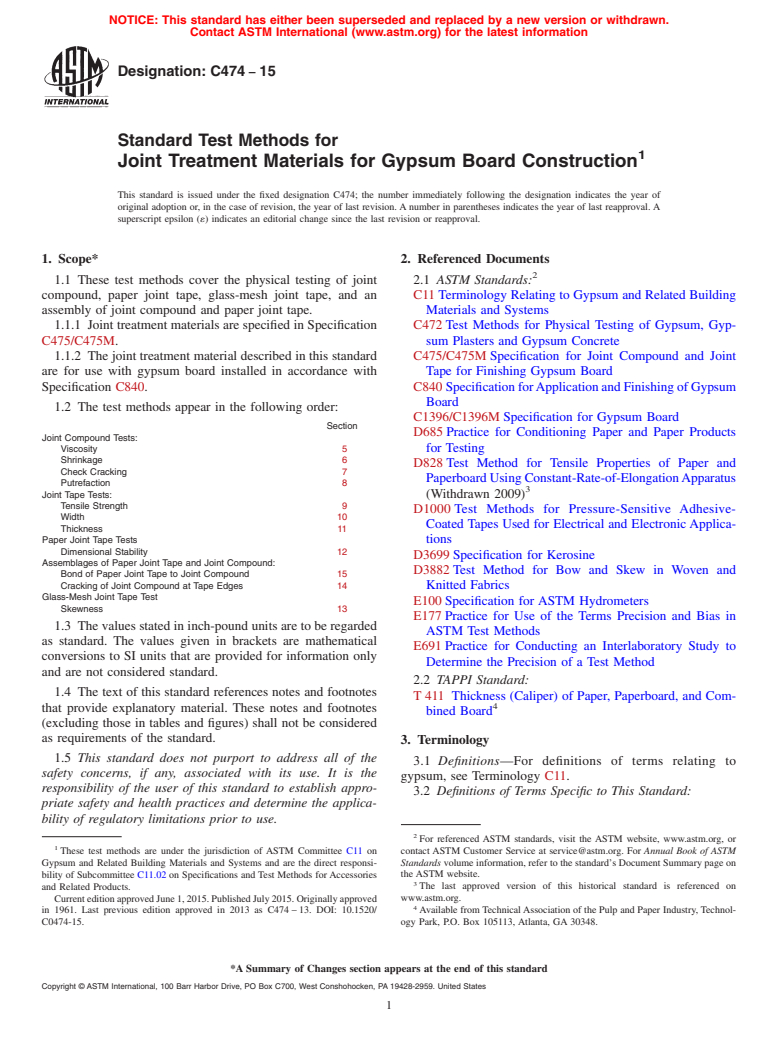 ASTM C474-15 - Standard Test Methods for Joint Treatment Materials for Gypsum Board Construction