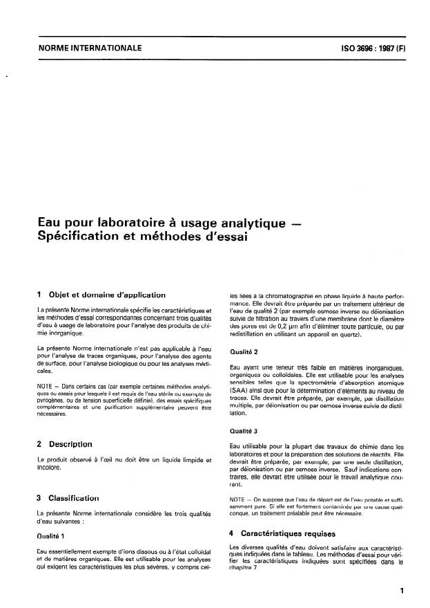 ISO 3696:1987 - Eau pour laboratoire a usage analytique -- Spécification et méthodes d'essai