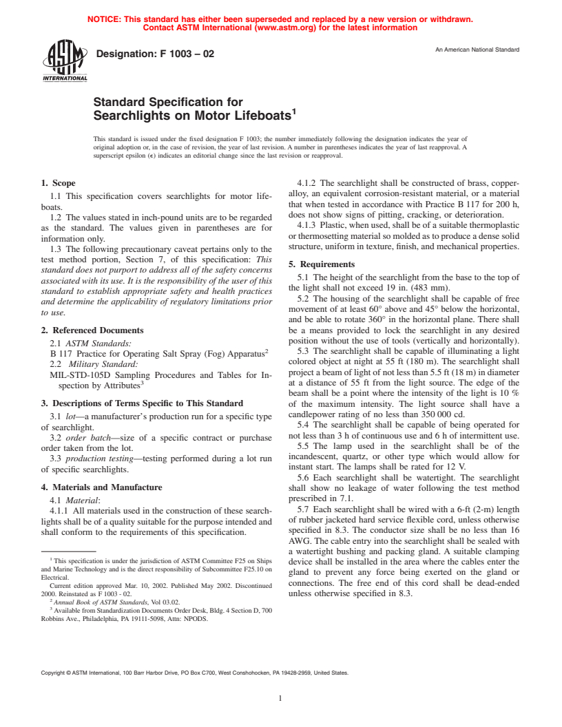 ASTM F1003-02 - Standard Specification for Searchlights on Motor Lifeboats