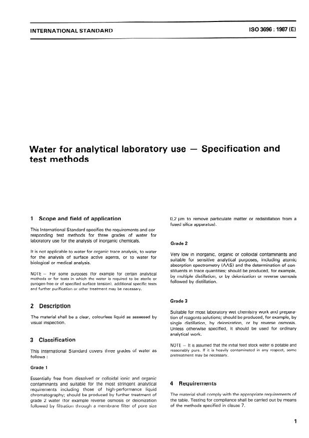 ISO 3696:1987 - Water for analytical laboratory use -- Specification and test methods