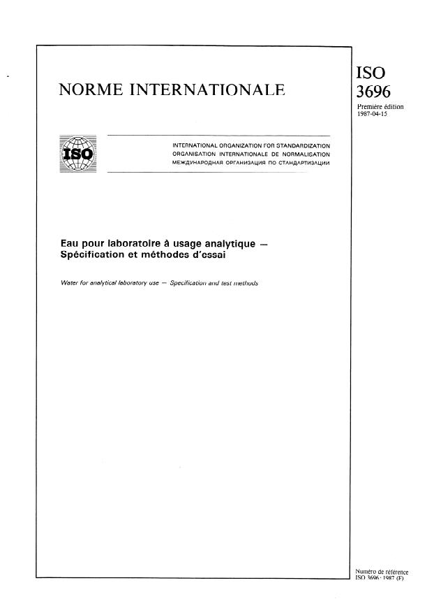 ISO 3696:1987 - Eau pour laboratoire a usage analytique -- Spécification et méthodes d'essai