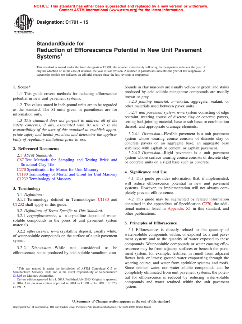 ASTM C1791-15 - Standard Guide for Reduction of Efflorescence Potential in New Unit Pavement Systems