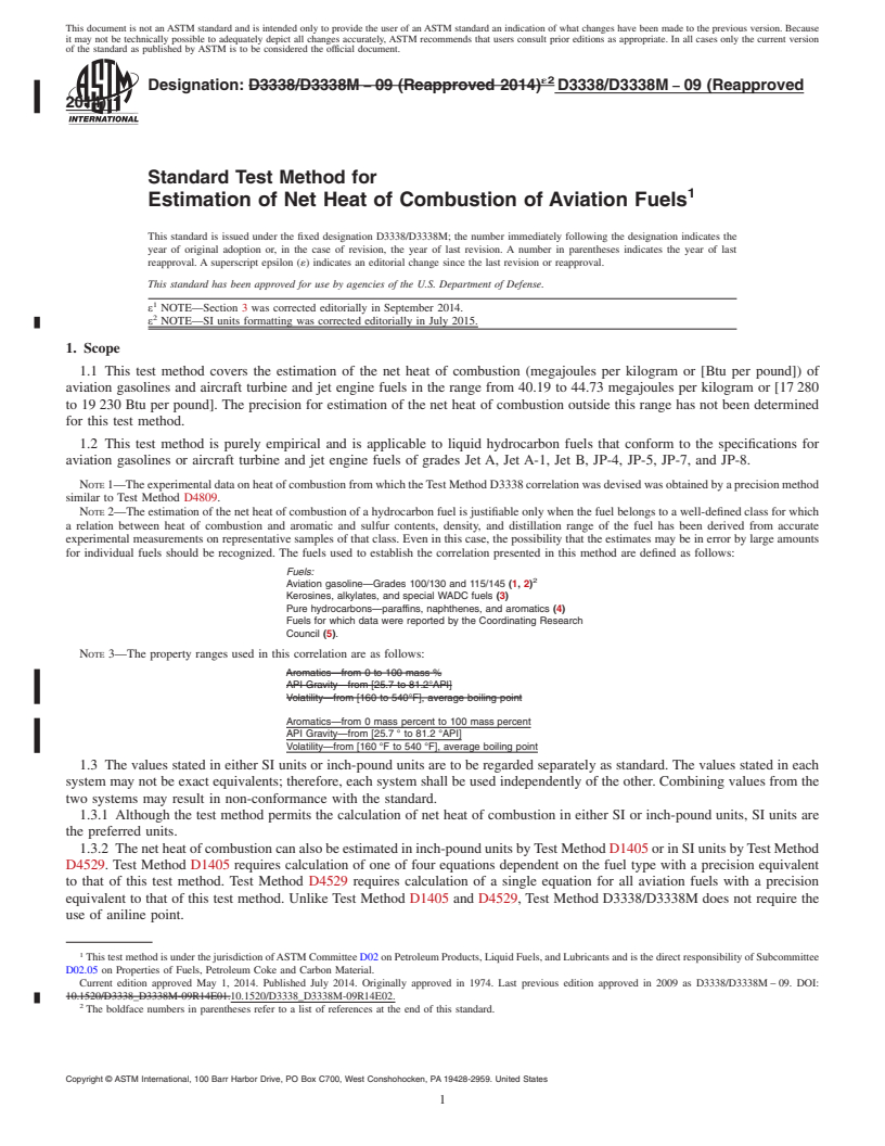 REDLINE ASTM D3338/D3338M-09(2014)e2 - Standard Test Method for Estimation of Net Heat of Combustion of Aviation Fuels