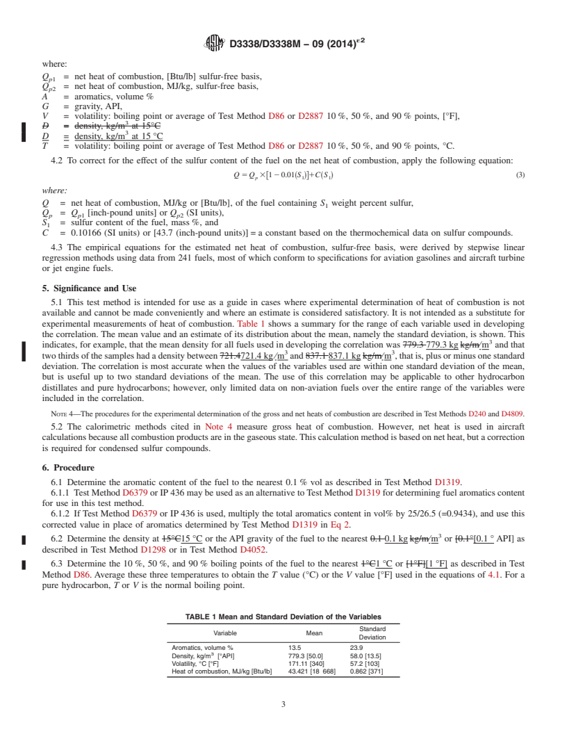 REDLINE ASTM D3338/D3338M-09(2014)e2 - Standard Test Method for Estimation of Net Heat of Combustion of Aviation Fuels