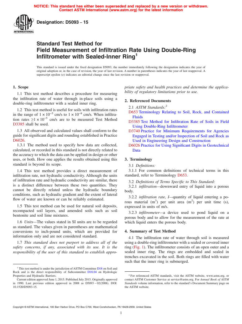 ASTM D5093-15 - Standard Test Method for Field Measurement of Infiltration Rate Using Double-Ring Infiltrometer with Sealed-Inner Ring