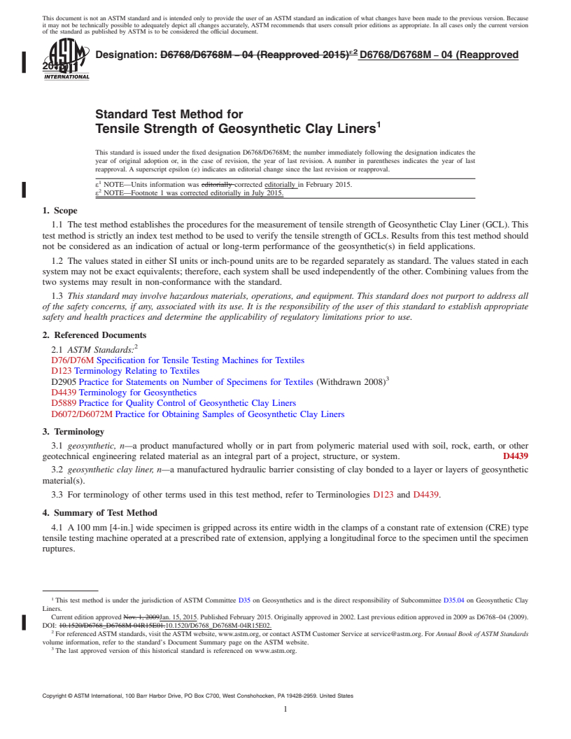 REDLINE ASTM D6768/D6768M-04(2015)e2 - Standard Test Method for Tensile Strength of Geosynthetic Clay Liners