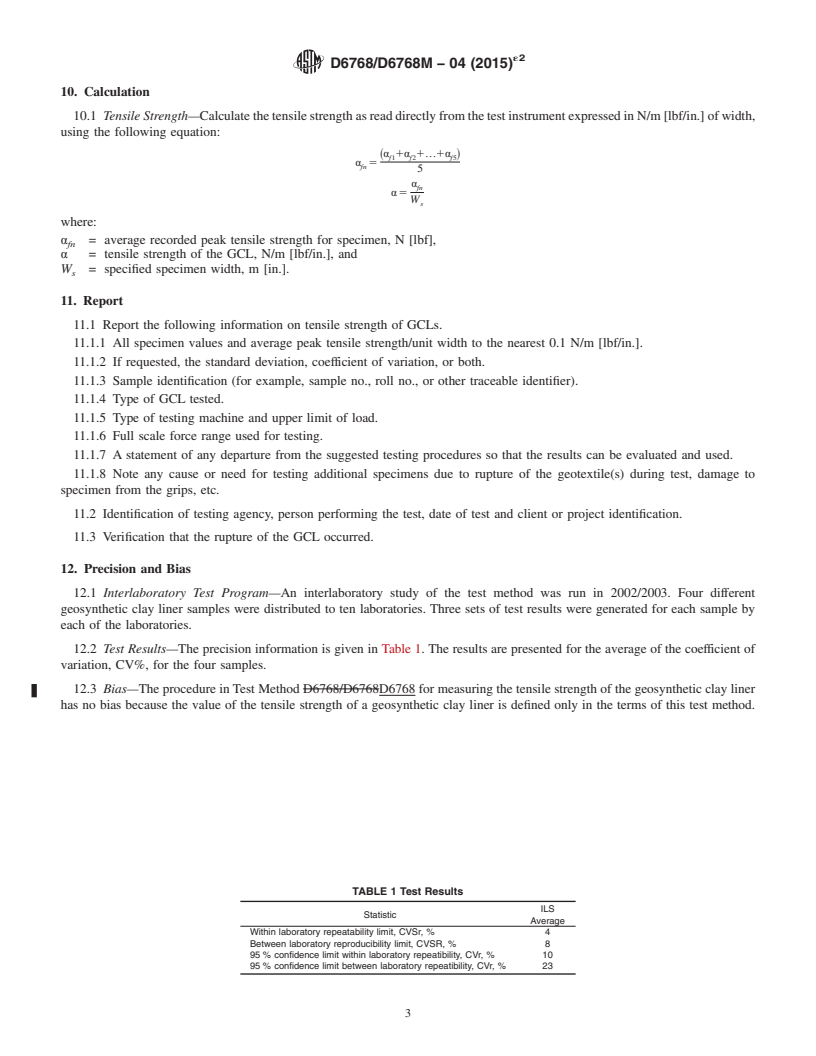 REDLINE ASTM D6768/D6768M-04(2015)e2 - Standard Test Method for Tensile Strength of Geosynthetic Clay Liners