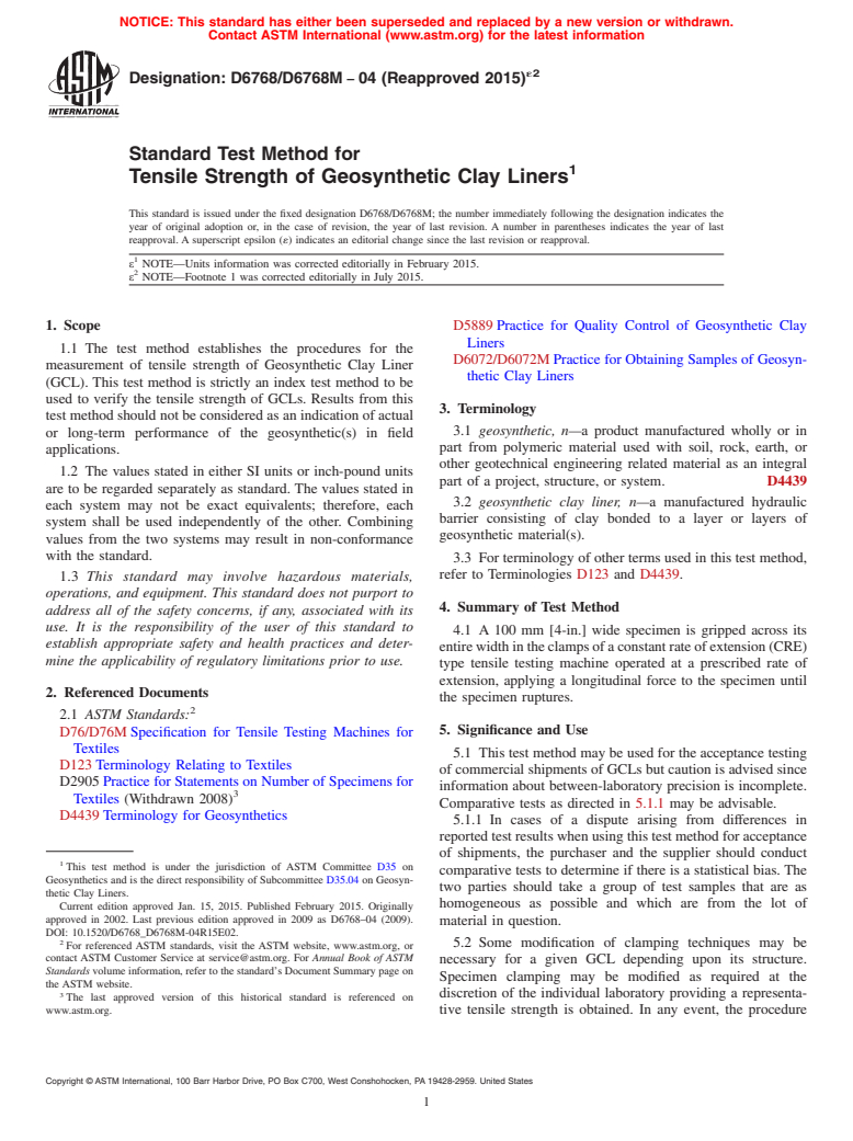 ASTM D6768/D6768M-04(2015)e2 - Standard Test Method for Tensile Strength of Geosynthetic Clay Liners