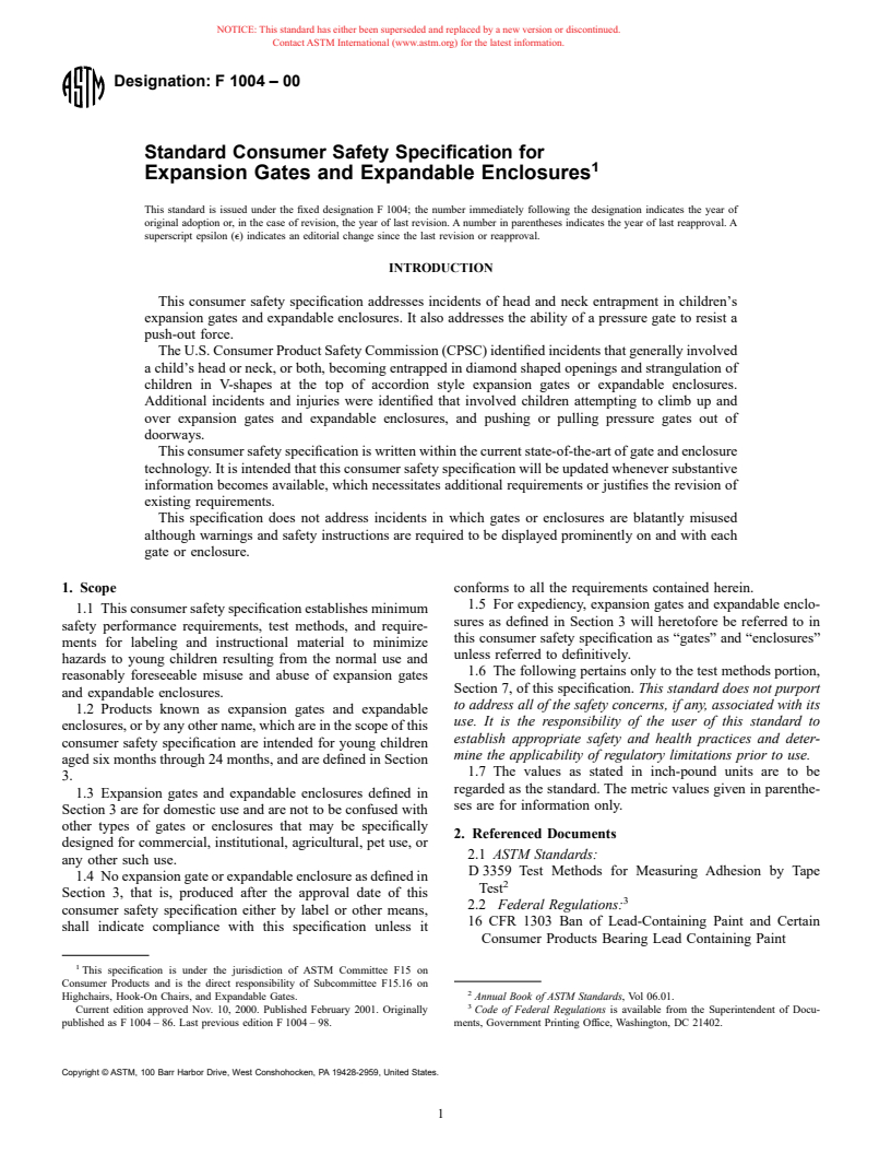 ASTM F1004-00 - Standard Consumer Safety Specification for Expansion Gates and Expandable Enclosures