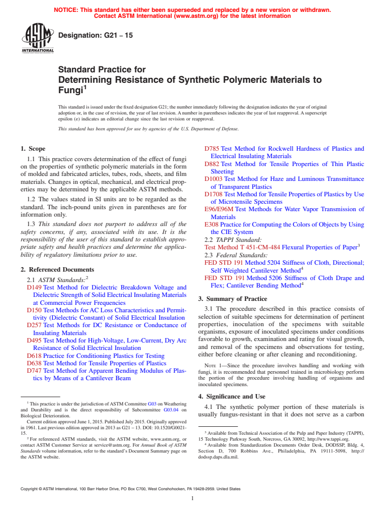 ASTM G21-15 - Standard Practice for  Determining Resistance of Synthetic Polymeric Materials to  Fungi