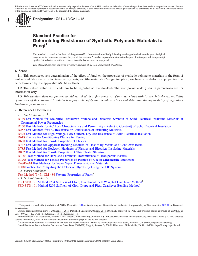 REDLINE ASTM G21-15 - Standard Practice for  Determining Resistance of Synthetic Polymeric Materials to  Fungi