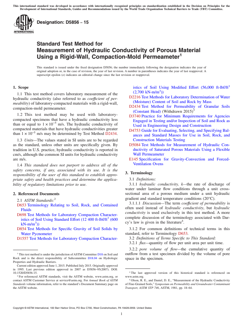 ASTM D5856-15 - Standard Test Method for Measurement of Hydraulic Conductivity of Porous Material Using a Rigid-Wall, Compaction-Mold Permeameter