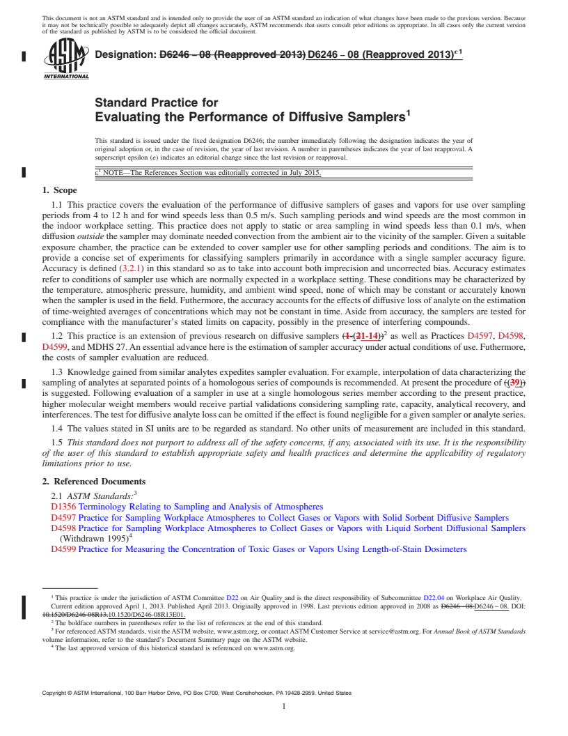 REDLINE ASTM D6246-08(2013)e1 - Standard Practice for Evaluating the Performance of Diffusive Samplers