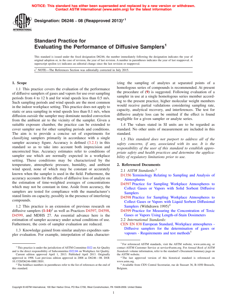 ASTM D6246-08(2013)e1 - Standard Practice for Evaluating the Performance of Diffusive Samplers