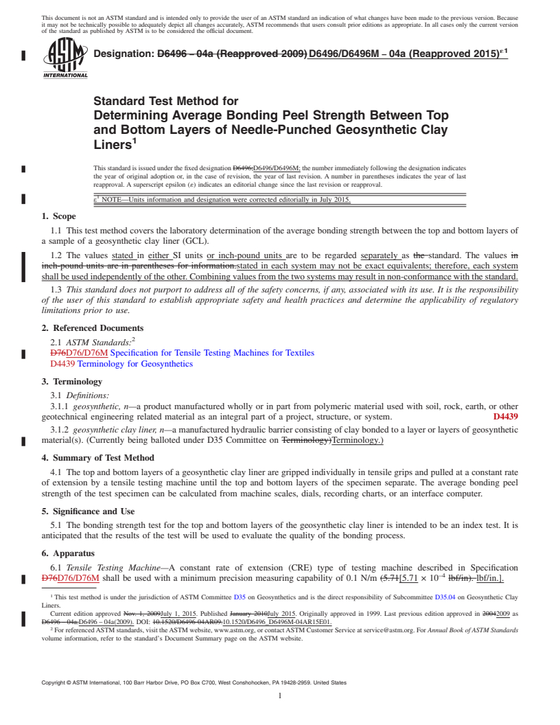 REDLINE ASTM D6496/D6496M-04A(2015)e1 - Standard Test Method for Determining Average Bonding Peel Strength Between Top and Bottom Layers of Needle-Punched Geosynthetic Clay Liners