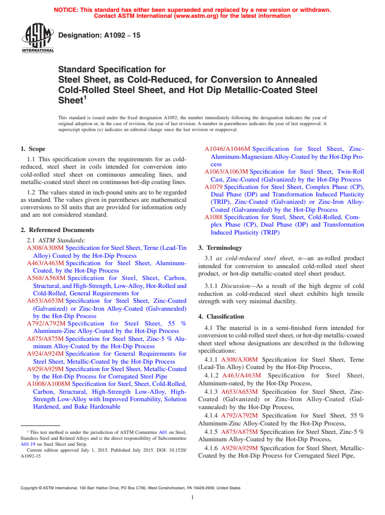 ASTM A1092-15 - Standard Specification for Steel Sheet, as Cold-Reduced, for Conversion to Annealed Cold-Rolled  Steel Sheet, and Hot Dip Metallic-Coated Steel Sheet