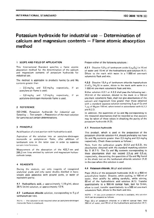 ISO 3698:1976 - Potassium hydroxide for industrial use -- Determination of calcium and magnesium contents -- Flame atomic absorption method