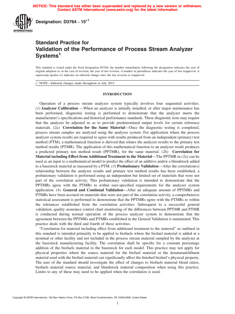 ASTM D3764-15e1 - Standard Practice for  Validation of the Performance of Process Stream Analyzer Systems