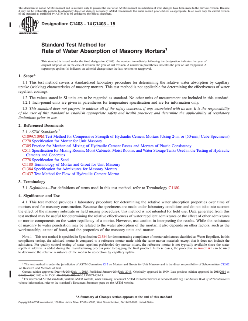 REDLINE ASTM C1403-15 - Standard Test Method for  Rate of Water Absorption of Masonry Mortars