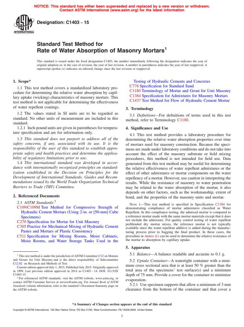 ASTM C1403-15 - Standard Test Method for  Rate of Water Absorption of Masonry Mortars