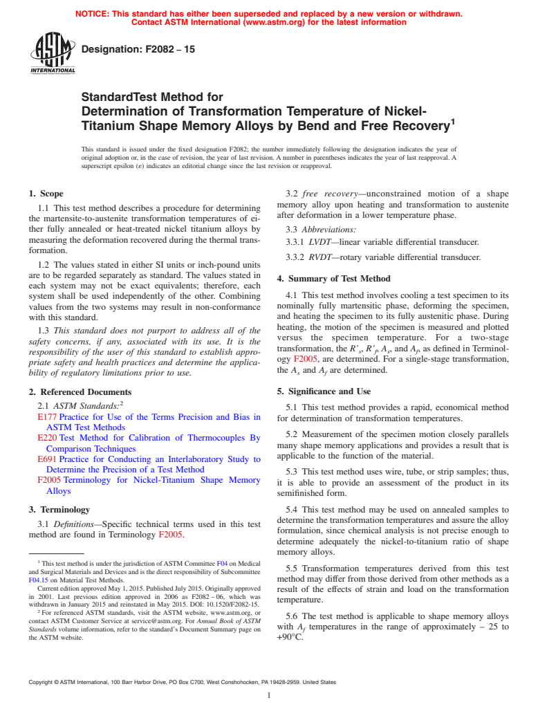 ASTM F2082-15 - Standard Test Method for  Determination of Transformation Temperature of Nickel-Titanium  Shape  Memory Alloys by Bend and Free Recovery