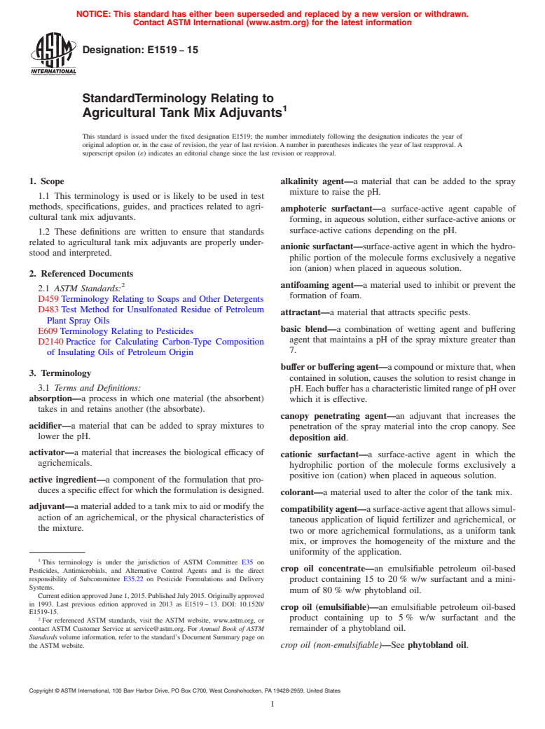 ASTM E1519-15 - Standard Terminology Relating to  Agricultural Tank Mix Adjuvants