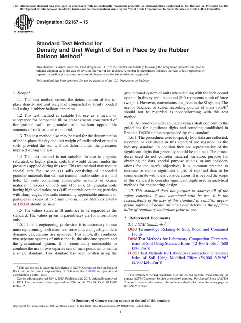 ASTM D2167-15 - Standard Test Method for  Density and Unit Weight of Soil in Place by the Rubber Balloon   Method