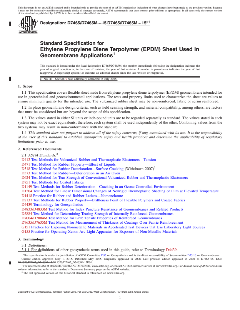 REDLINE ASTM D7465/D7465M-15e1 - Standard Specification for Ethylene Propylene Diene Terpolymer (EPDM) Sheet Used In Geomembrane  Applications