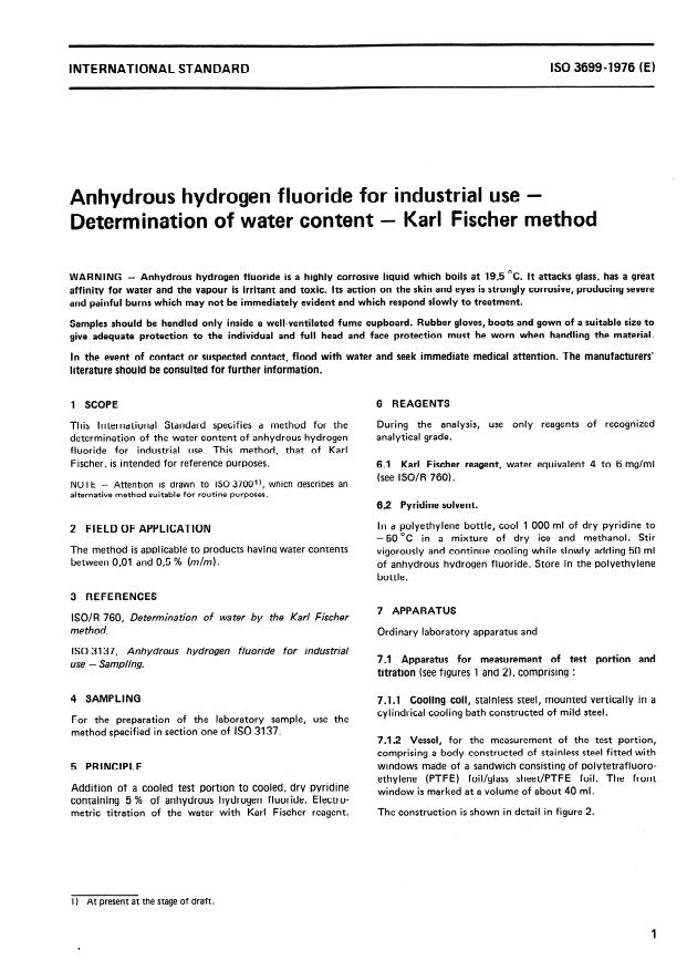 ISO 3699:1976 - Anhydrous hydrogen fluoride for industrial use -- Determination of water content -- Karl Fischer method