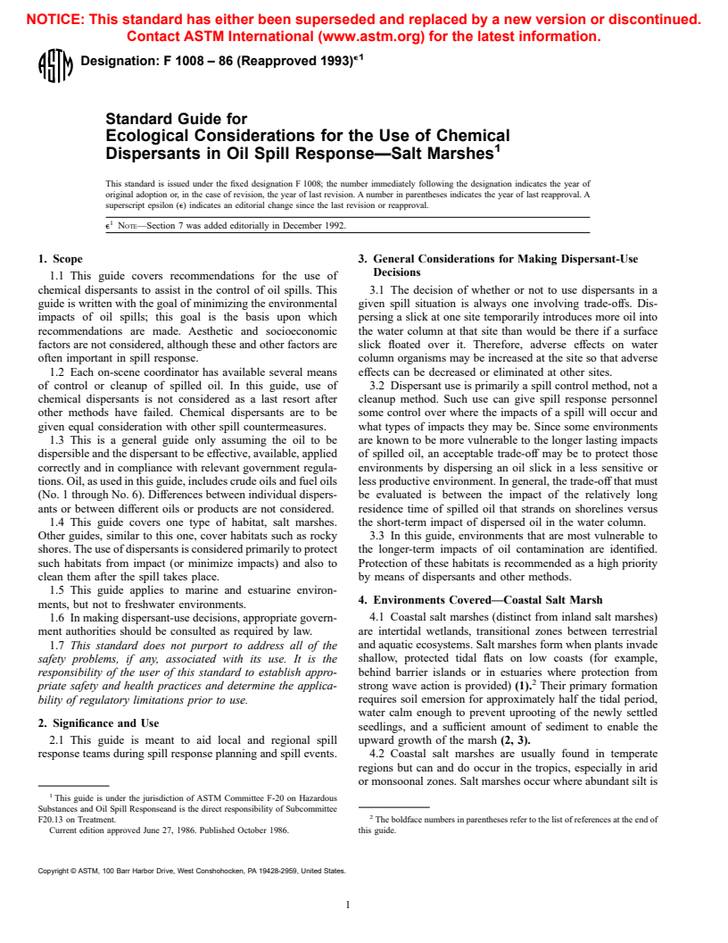 ASTM F1008-86(1993)e1 - Guide for Ecological Considerations for the Use of Chemical Dispersants in Oil Spill Response-Salt Marshes (Withdrawn 2001)