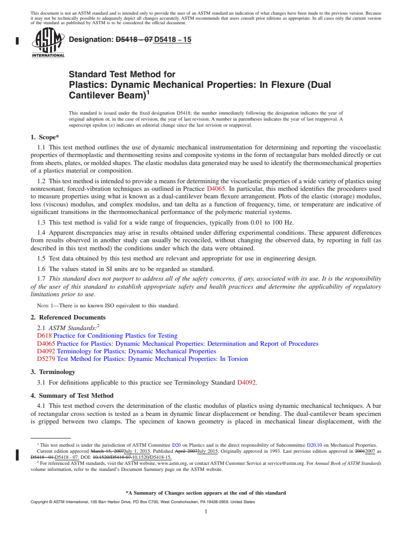 REDLINE ASTM D5418-15 - Standard Test Method for Plastics: Dynamic Mechanical Properties: In Flexure (Dual Cantilever  Beam)