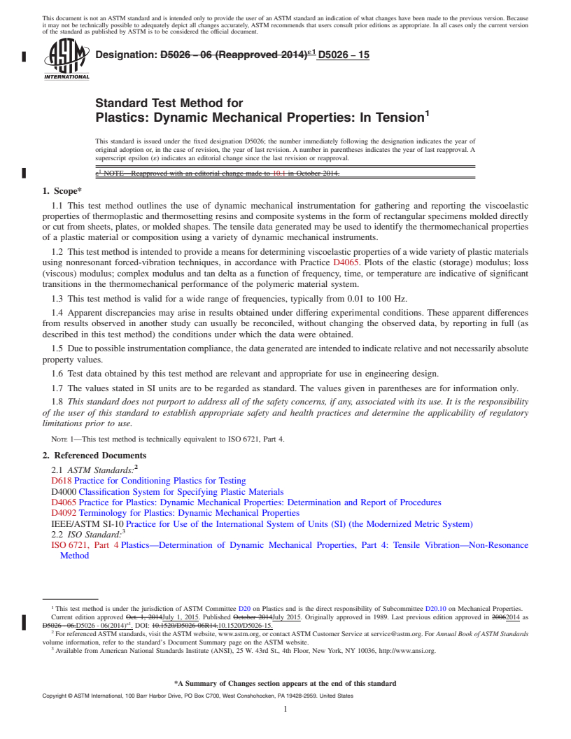 REDLINE ASTM D5026-15 - Standard Test Method for Plastics: Dynamic Mechanical Properties: In Tension