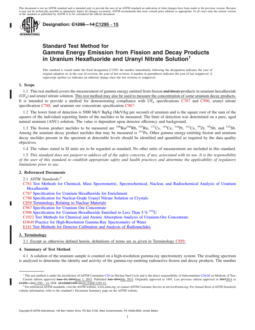REDLINE ASTM C1295-15 - Standard Test Method for Gamma Energy Emission from Fission and Decay Products in Uranium  Hexafluoride and Uranyl Nitrate Solution
