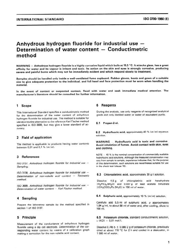 ISO 3700:1980 - Anhydrous hydrogen fluoride for industrial use -- Determination of water content -- Conductimetric method