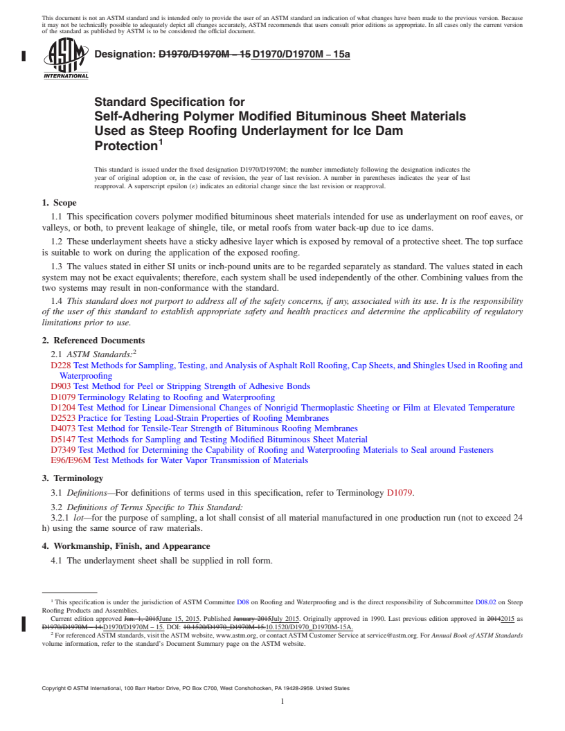 REDLINE ASTM D1970/D1970M-15a - Standard Specification for  Self-Adhering Polymer Modified Bituminous Sheet Materials Used   as Steep Roofing Underlayment for Ice Dam Protection