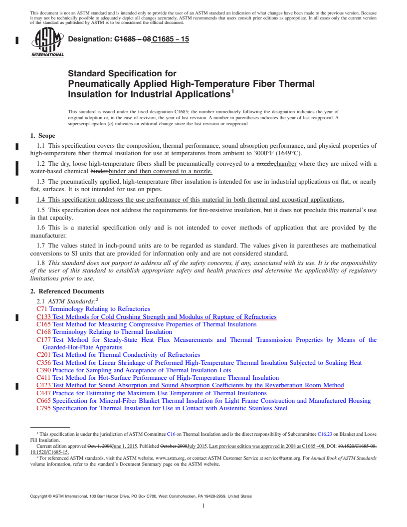 REDLINE ASTM C1685-15 - Standard Specification for  Pneumatically Applied High-Temperature Fiber Thermal Insulation   for  Industrial Applications