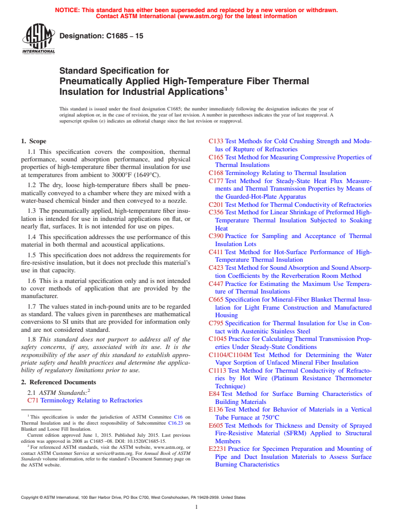 ASTM C1685-15 - Standard Specification for  Pneumatically Applied High-Temperature Fiber Thermal Insulation   for  Industrial Applications