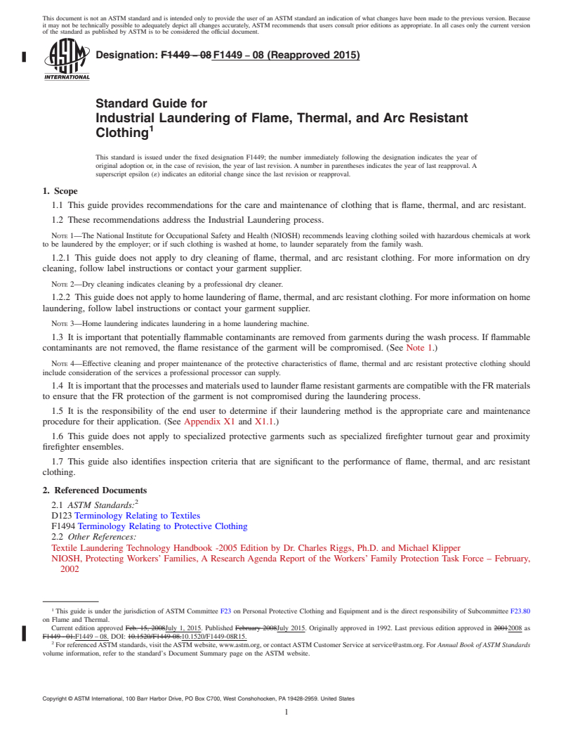 REDLINE ASTM F1449-08(2015) - Standard Guide for  Industrial Laundering of Flame, Thermal, and Arc Resistant  Clothing