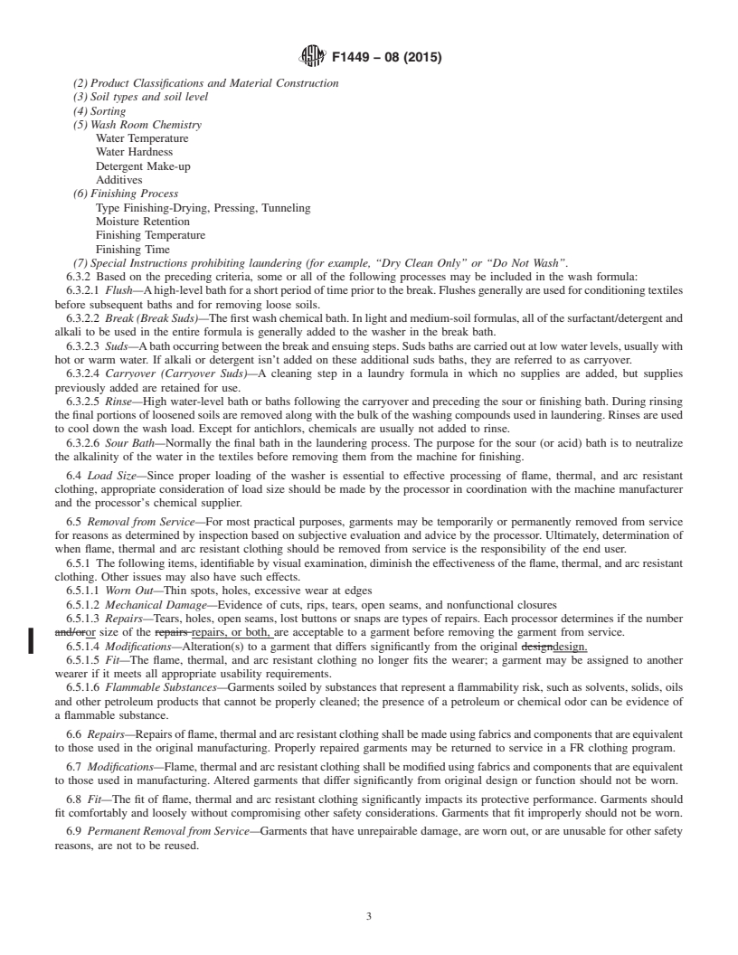 REDLINE ASTM F1449-08(2015) - Standard Guide for  Industrial Laundering of Flame, Thermal, and Arc Resistant  Clothing