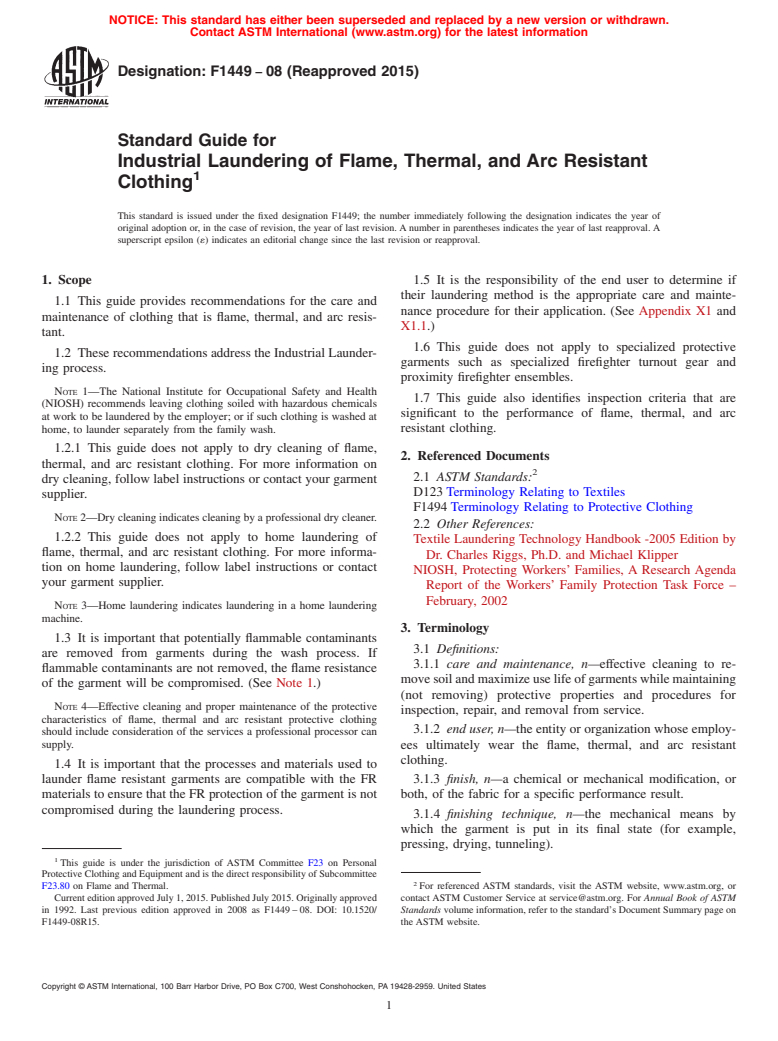 ASTM F1449-08(2015) - Standard Guide for  Industrial Laundering of Flame, Thermal, and Arc Resistant  Clothing