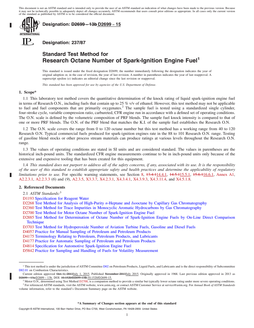 REDLINE ASTM D2699-15 - Standard Test Method for Research Octane Number of Spark-Ignition Engine Fuel