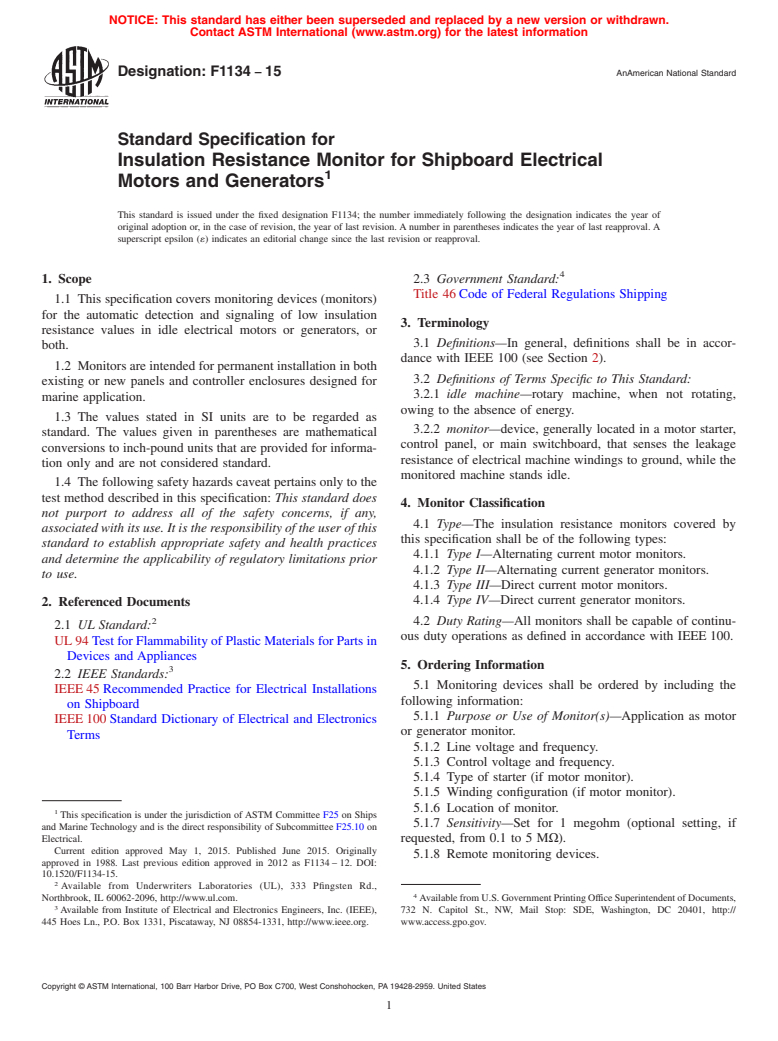 ASTM F1134-15 - Standard Specification for  Insulation Resistance Monitor for Shipboard Electrical Motors  and Generators