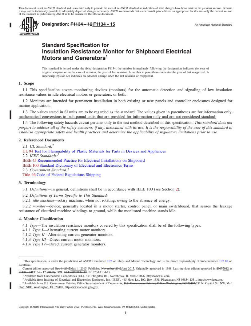 REDLINE ASTM F1134-15 - Standard Specification for  Insulation Resistance Monitor for Shipboard Electrical Motors  and Generators